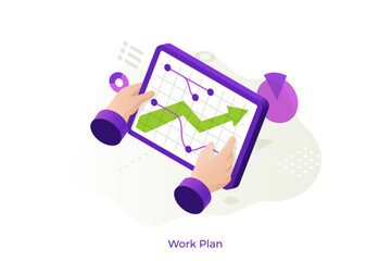Hands holding tablet with financial chart showing upward arrow. Business growth concept with digital data analysis for investment strategy. Vector illustration in isometric style