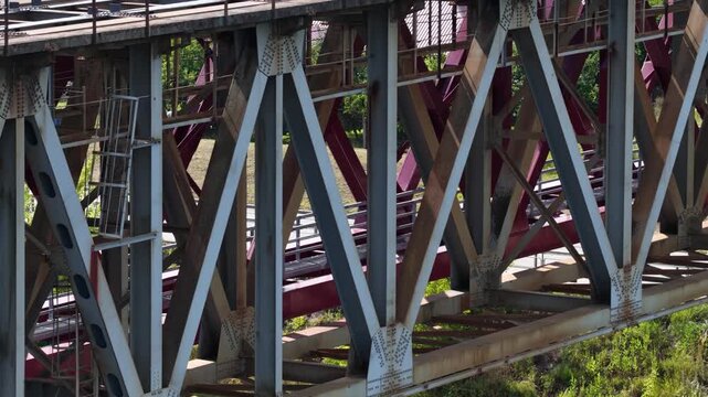 Close-Up of Modernized Railway Tracks on Steel Truss Bridge in Jonava, Lithuania