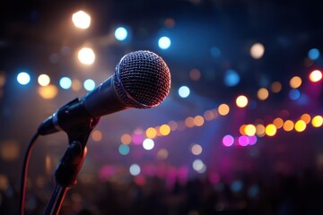 Obraz premium Dynamic Microphone Spotlighted on Stage, Capturing the Energy of a Live Concert Event with Vibrant Lights and Excited Crowd