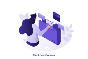 Isometric vector illustration with Woman student learning using electronic course on tablet application, online education and e-learning technology for distance study.