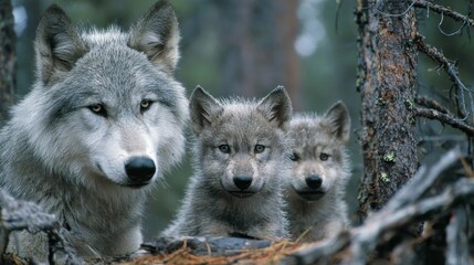 Obraz premium Adorable Gray Wolf Pups Playing Together in Natural Habitat