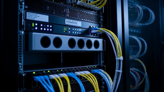 Back panel of server cabinets highlighting power distribution units and network cables.