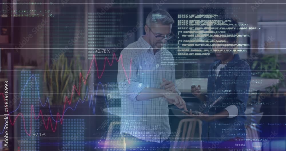Poster scrolling tech code overlay causing man tapping tablet and gesturing while woman monitoring charts