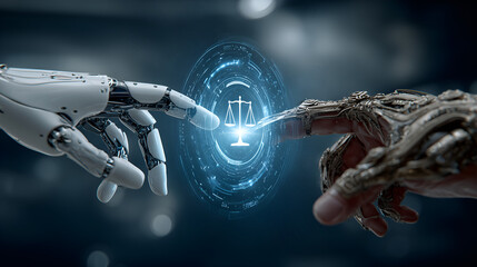 AI Justice: Human and robot hand meet over scales of justice, symbolizes ethical use of artificial intelligence, responsible technology and human-AI collaboration.
