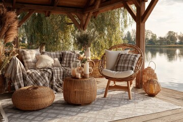 Fototapeta premium Elegant Summer Gazebo Retreat by the Lake with Rattan Lounge, Cozy Pillows, and Stylish Decor for Relaxing Outdoor Living