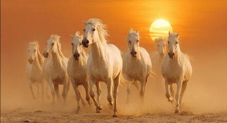 Obraz premium Majestic Sunrise: Seven White Horses Galloping in Scenic Landscape for Living Room Decor