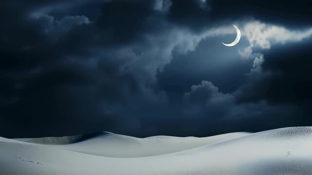 The sky is dark and cloudy, with a crescent moon shining brightly in the middle. The clouds cover the entire sky, creating a moody and mysterious atmosphere. Islamic background, Muslim postcard.