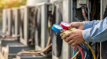 The technician holding pressure gauges for air conditioning maintenance outdoors.