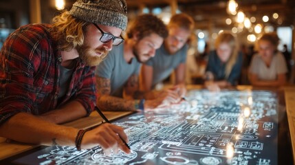 Team of innovators designing on digital touchscreen in modern office