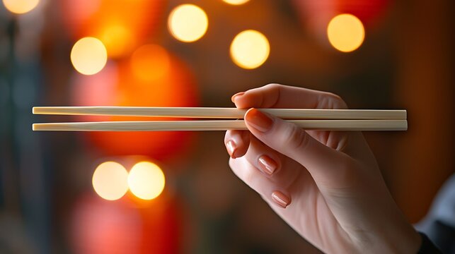 Female hand holding bamboo chopsticks with glowing festive lights in background. Asian culinary tradition, cultural heritage and etiquette. National Chopsticks Day