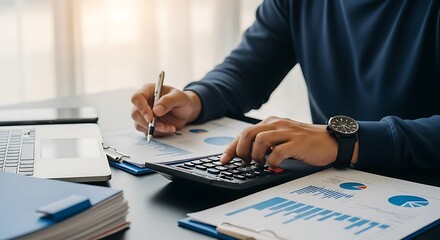 Professional analyzing financial reports and using a calculator for data analysis and business growth strategies