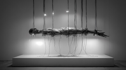 Elongated body horizontally bound to wall by metallic root-like cables