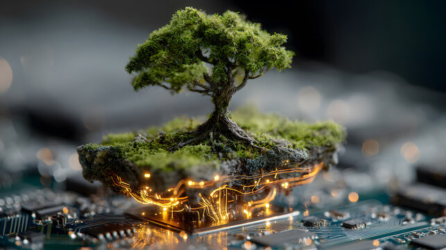 Green tree grows on floating island over circuit board