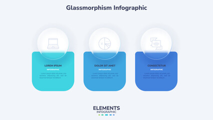 Obraz premium Glassmorphism infographic vector slide illustrationt. Infographic template with 3 glassmorphic round and square elements for presentation.
