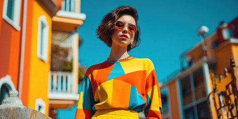 Stylish Young Female Graphic Designer Posing Outdoors in Colorful Outfit