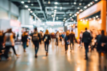 Vibrant Show Booth: Abstract Blurred Background at a Business Expo Event with Engaging People Interaction