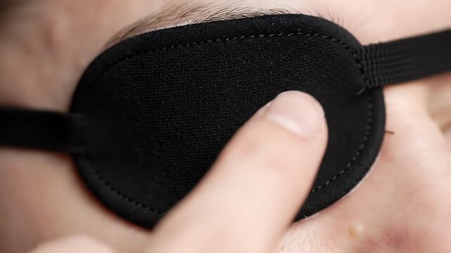 Application of Black Eye Patch with Finger Close Up for Beauty Treatment and Personal Care in Eye Level