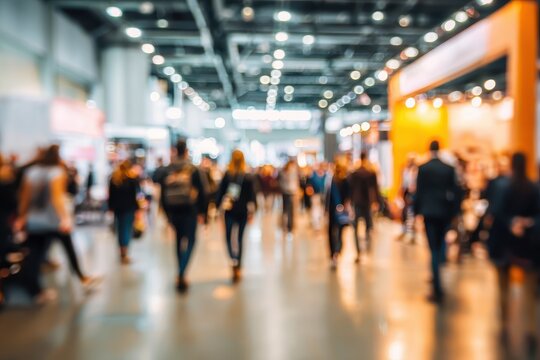 Vibrant Show Booth: Abstract Blurred Background at a Business Expo Event with Engaging People Interaction
