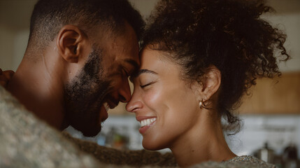 Close up of a man and a woman in an embrace. Happy couple head to head showing intimate moment and connection. Love and relationships concept.