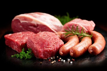 Fresh Meat Collection: Assorted Raw Sausages, Beef Cuts, and Lamb on a Rustic Background
