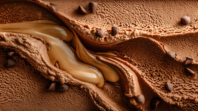 Indulgent Close-Up of Rich Chocolate Ice Cream Swirled with Creamy Peanut Butter and Chocolate Chips