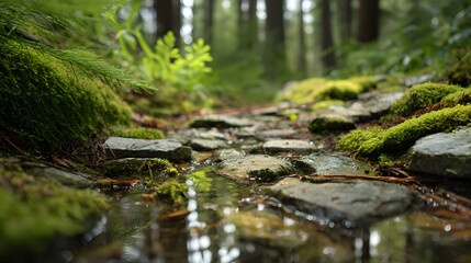 Naklejka premium Enchanting Forest Path with Mossy Stones and Flowing Water, Immersed in Nature's Serenity