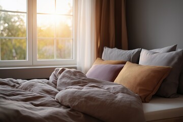 Cozy bedroom with sunlit window and soft pillows in warm, serene morning light