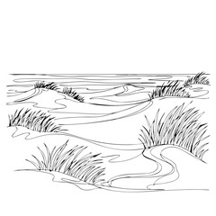 Beach sand dune black outline sketch drawing monochrome. Sea ocean and summer vacation nature landscape. Vector illustration for coloring book.
