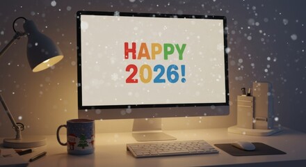 Desktop Computer Displaying 'Happy 2026' Message with Snowflakes, Mug, Keyboard, and Lamp in a Home Office