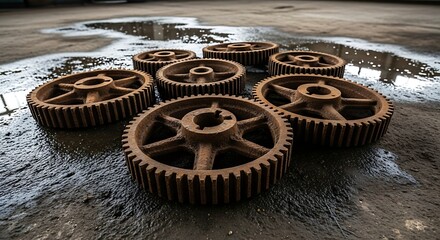 Rusty Gears on Wet Floor Industrial Heritage and Mechanical Detail