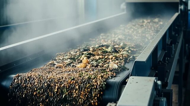 Steam rising from a conveyor belt transporting organic waste, including fruits, vegetables, and other compostable materials, inside a waste processing plant highlights the decomposition process