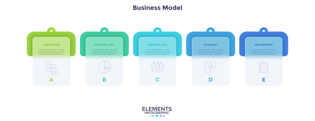 Timeline with 5 cards placed in horizontal row. Concept of five stages of business project development. Minimal infographic design template. Modern flat vector illustration for presentation.