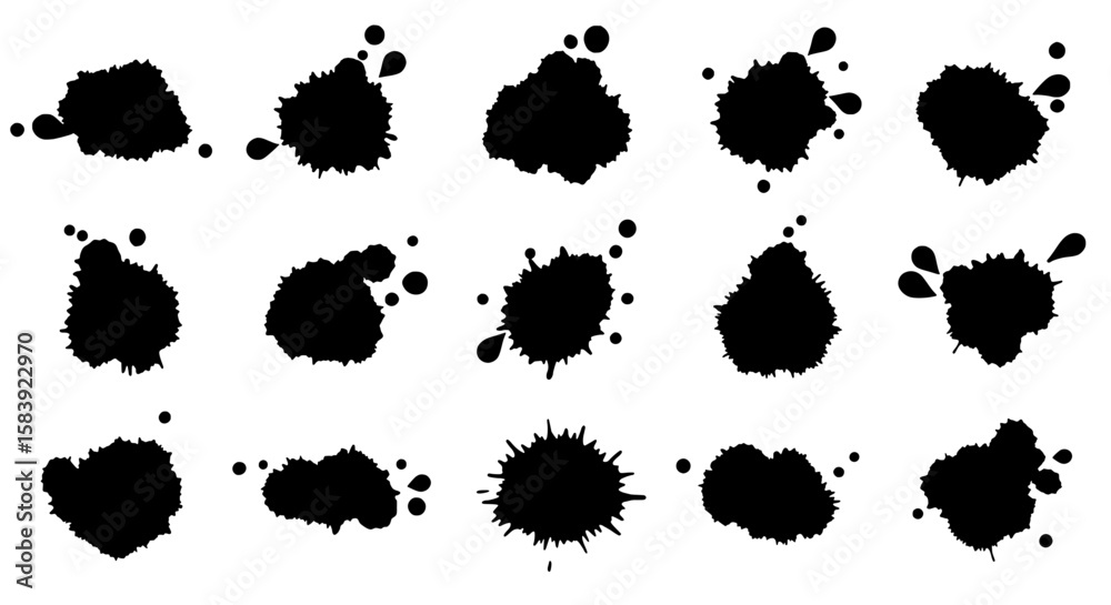 Poster ink splash collection: a collection of individual ink splashes with diverse shapes and sizes, captur