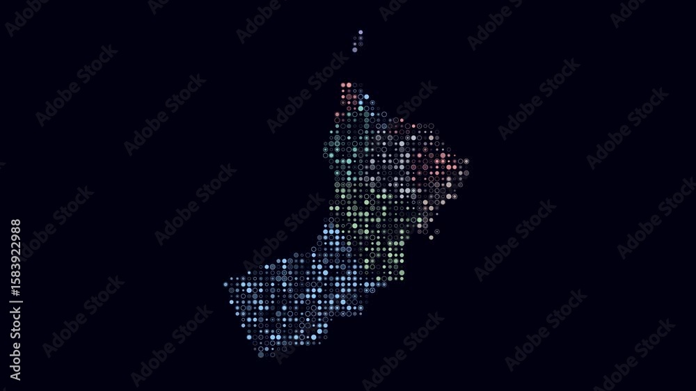 Poster oman dotted animation. shape of the country build of pulsating colored dots. small size circle block