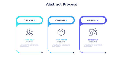 Three paper white rectangular elements placed in horizontal row. Concept of 3 steps of business development process. Simple infographic design template. Modern linear vector illustration for report.