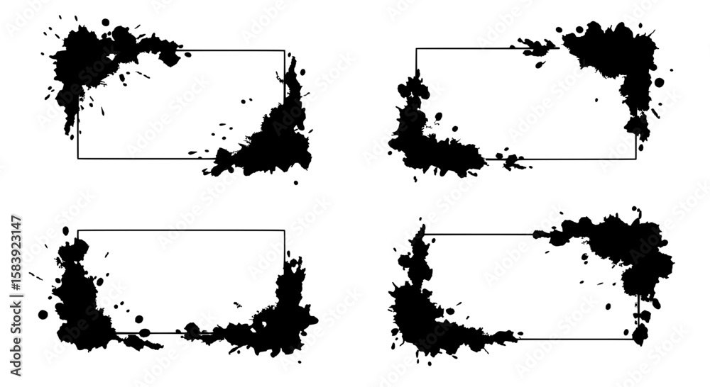 Poster black ink splatter frames: four stylish rectangular frames adorned with dynamic black ink splatters,