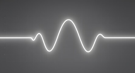 Close-up view of an oscilloscope display showing a glowing white waveform against a dark gray backdrop. The waveform is a symmetrical, undulating signal reflecting the output of an electronic device.