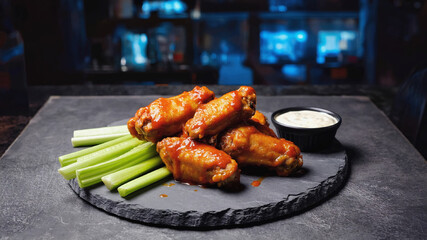 Spicy Buffalo Wings on Platter with Celery Sticks and Dipping Sauce