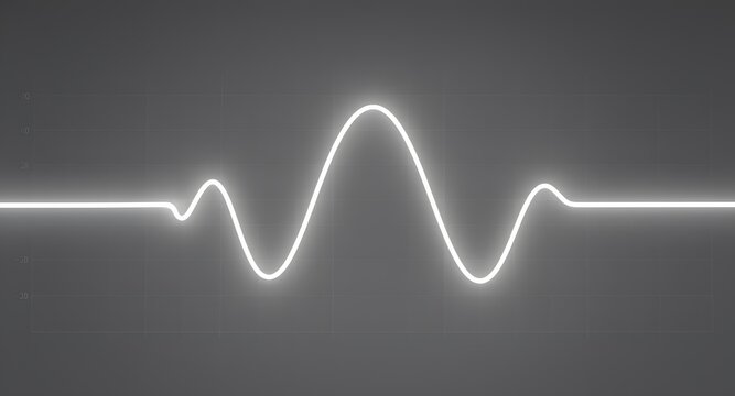 Close-up view of an oscilloscope display showing a glowing white waveform against a dark gray backdrop. The waveform is a symmetrical, undulating signal reflecting the output of an electronic device.