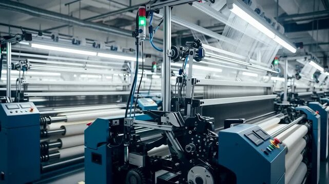 Modern high tech weaving machines operating in a textile factory, producing rolls of white fabric, showcasing the automated process of textile manufacturing