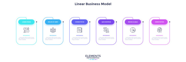 Six numbered rectangular frames placed in horizontal row. Concept of 6 stages of marketing strategy. Modern flat infographic design template. Simple vector illustration for business presentation.