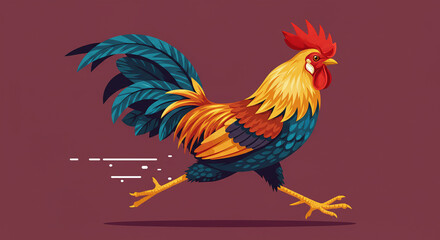 Fototapeta premium Dynamic Rooster Illustration: Vibrant Plumage Energetic Run Modern Design.