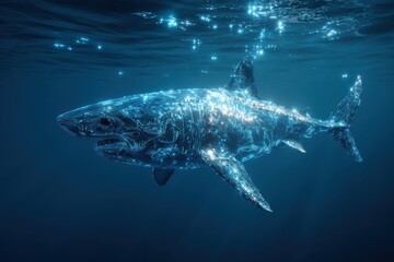 Fototapeta premium Innovative Shark Visual: A Digitally Crafted Predator Swimming Through Vibrant Ocean Depths