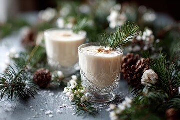 Festive Winter Beverage. Creamy Liqueur Delight with White Chocolate and Pine Essence for Family Celebrations