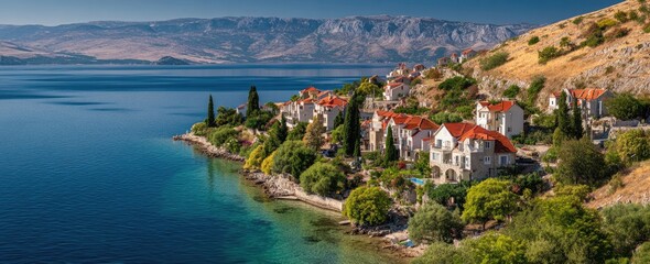 Naklejka premium Coastal village nestled along a serene bay