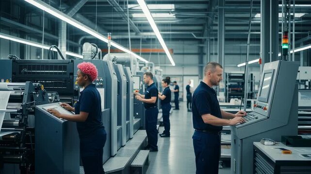 Printing factory workers are working on offset printing machines and computers, producing high quality printed materials in a busy industrial environment