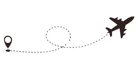 Plane travel path icon flight route with curved dashed line, white or transparent background