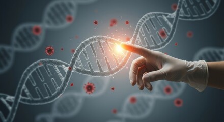 Hand Touching DNA Strand with Viruses Medical, Scientific, and Healthcare Concepts.