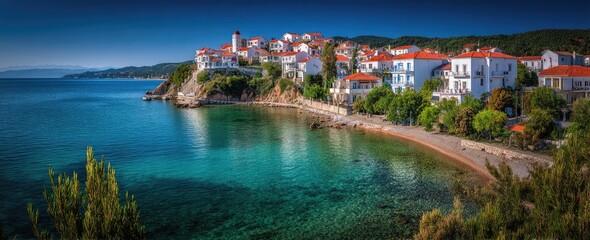 Picturesque coastal village nestled on a hillside overlooking a turquoise bay