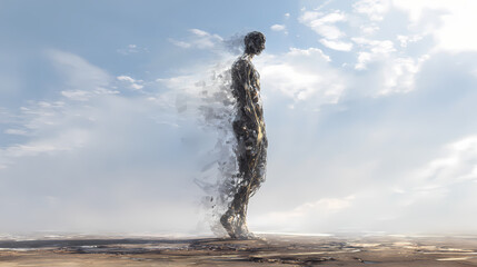 Human figure partially merging with ground surface